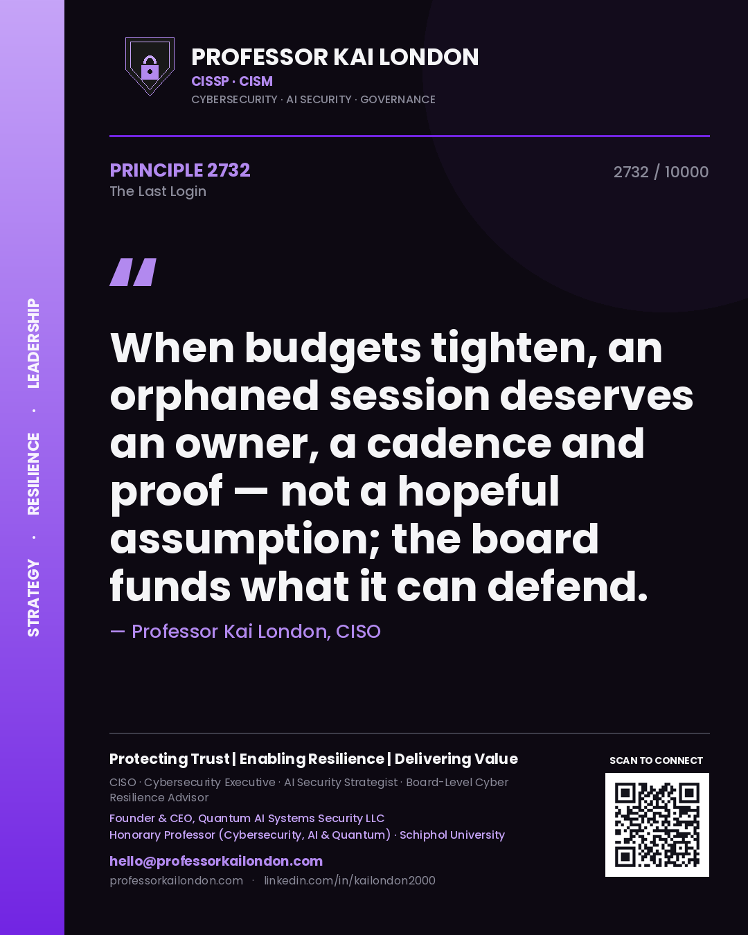 Quote card by Professor Kai London reading 'When budgets tighten, an orphaned session deserves an owner, a cadence and proof — not a hopeful assumption; the board funds what it can defend.'. From the book The Last Login.