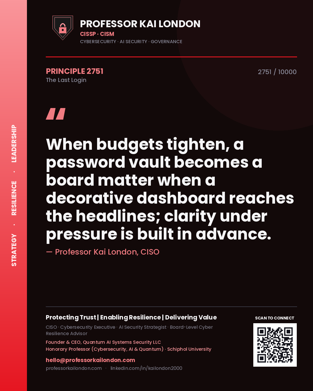 Quote card by Professor Kai London reading 'When budgets tighten, a password vault becomes a board matter when a decorative dashboard reaches the headlines; clarity under pressure is built in advance.'. From the book The Last Login.