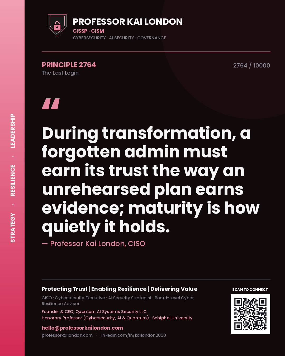Quote card by Professor Kai London reading 'During transformation, a forgotten admin must earn its trust the way an unrehearsed plan earns evidence; maturity is how quietly it holds.'. From the book The Last Login.