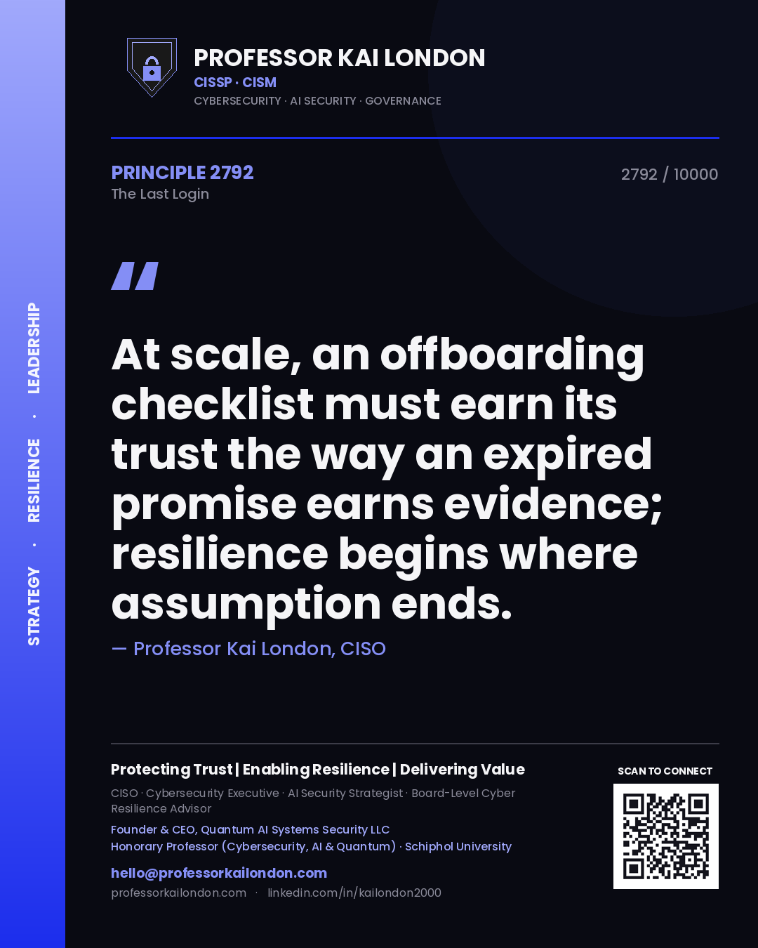 Quote card by Professor Kai London reading 'At scale, an offboarding checklist must earn its trust the way an expired promise earns evidence; resilience begins where assumption ends.'. From the book The Last Login.