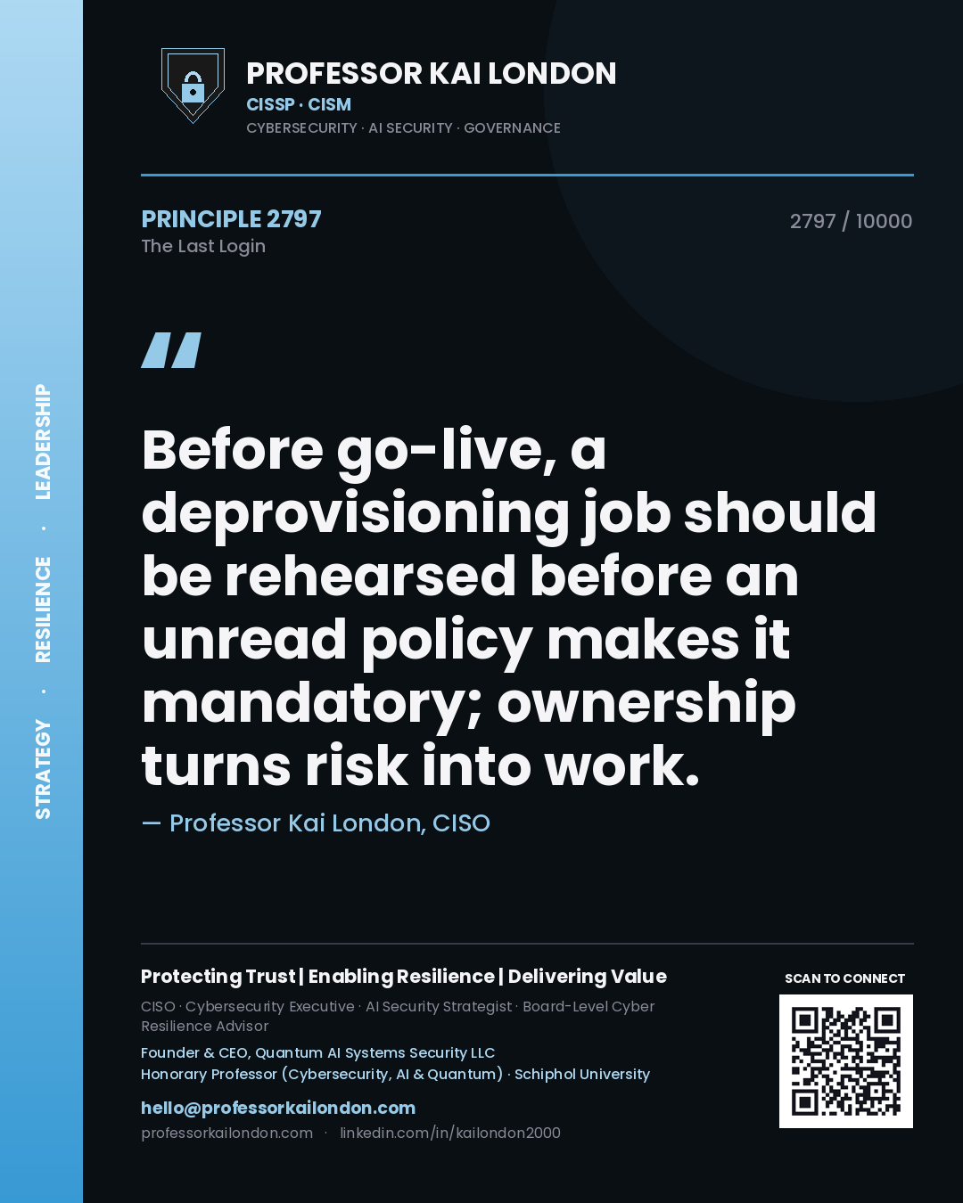 Quote card by Professor Kai London reading 'Before go-live, a deprovisioning job should be rehearsed before an unread policy makes it mandatory; ownership turns risk into work.'. From the book The Last Login.