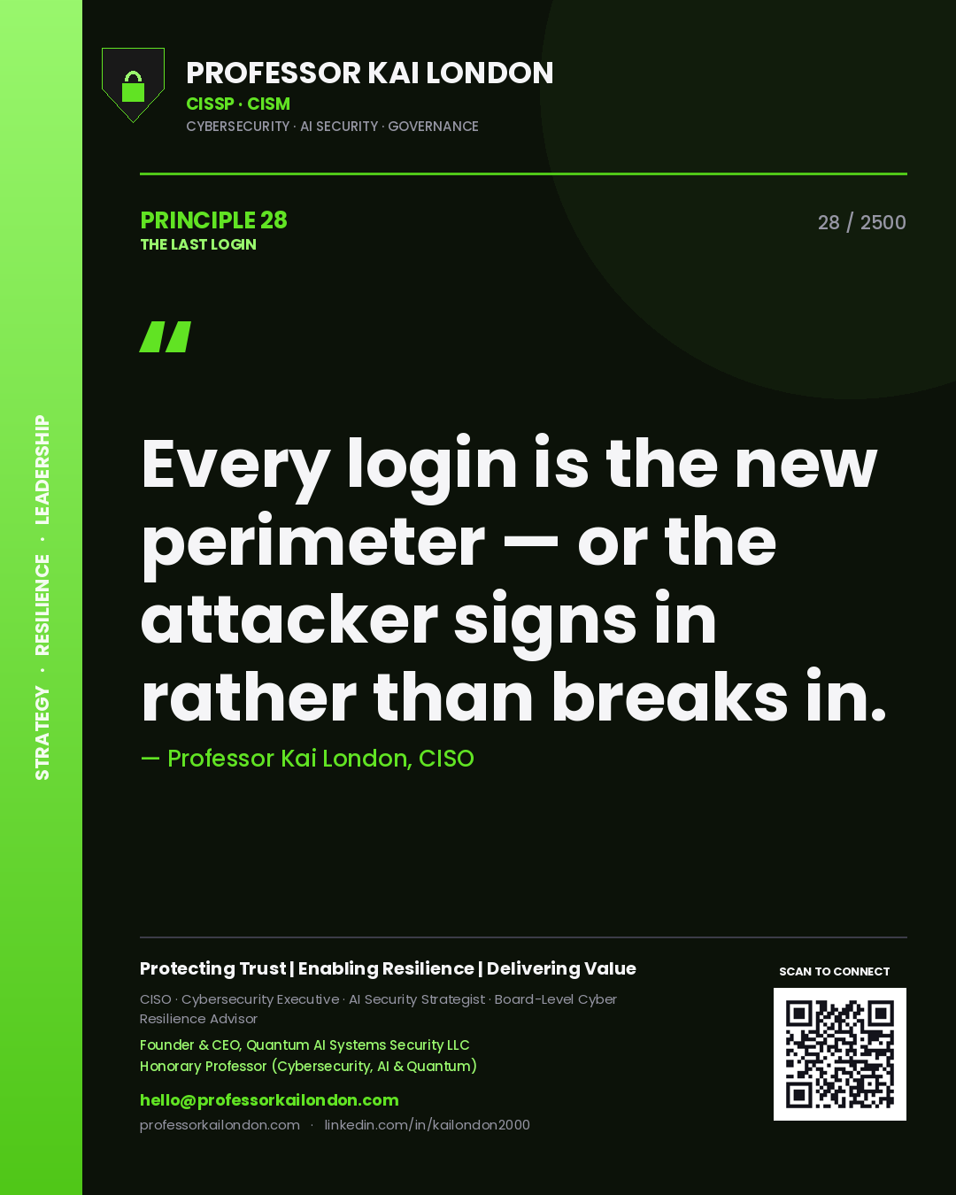 Quote card by Professor Kai London reading 'Every login is the new perimeter — or the attacker signs in rather than breaks in.'. From the book The Last Login.