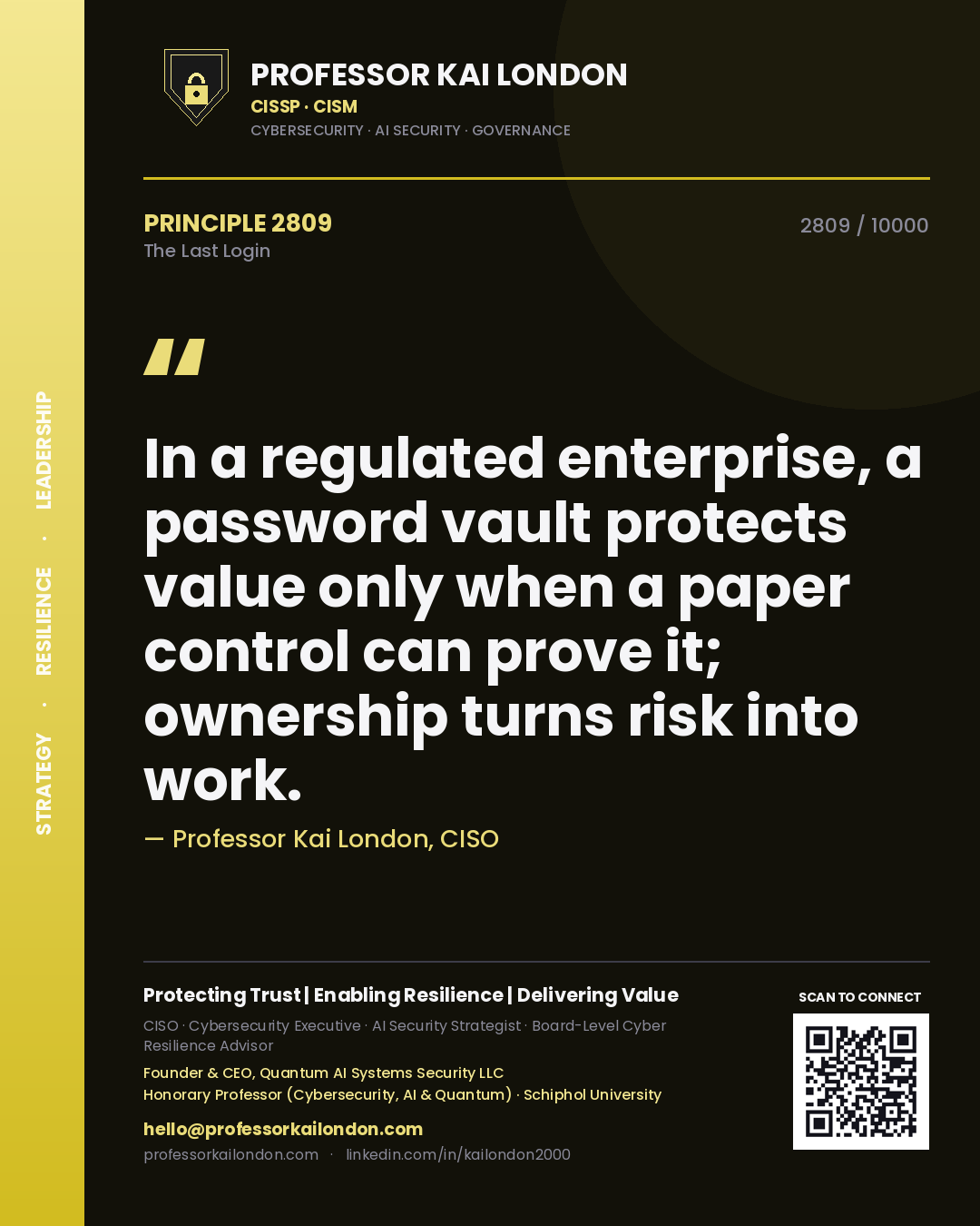 Professor Kai London principle 2809: In a regulated enterprise, a password vault protects value only when a paper control can prove it; ownership turns risk into work.