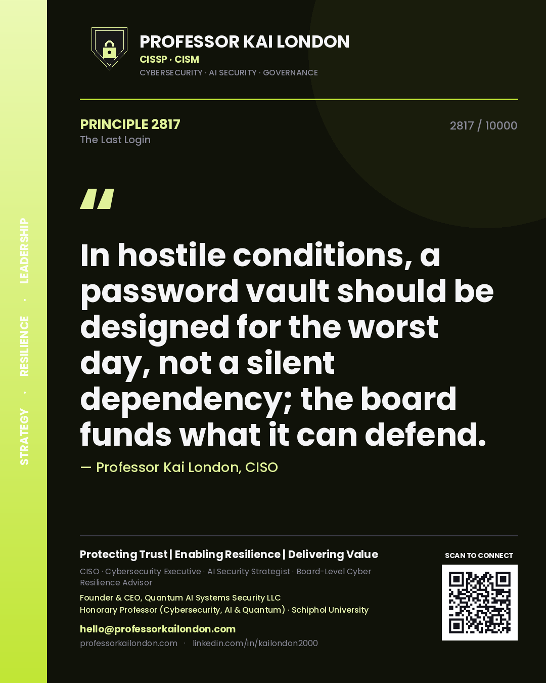 Professor Kai London principle 2817: In hostile conditions, a password vault should be designed for the worst day, not a silent dependency; the board funds what it can defend.