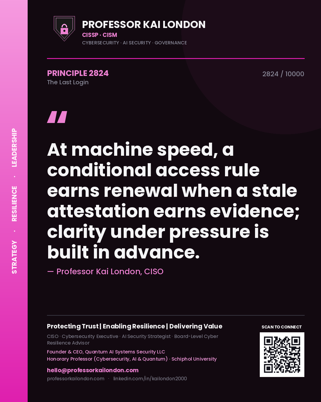 Quote card by Professor Kai London reading 'At machine speed, a conditional access rule earns renewal when a stale attestation earns evidence; clarity under pressure is built in advance.'. From the book The Last Login.