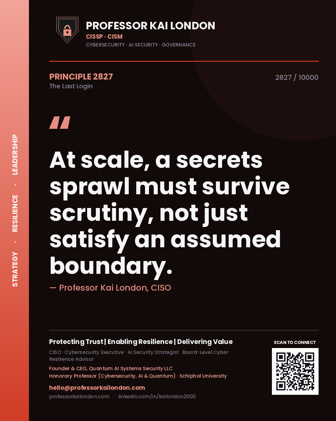 Professor Kai London principle 2827: At scale, a secrets sprawl must survive scrutiny, not just satisfy an assumed boundary.