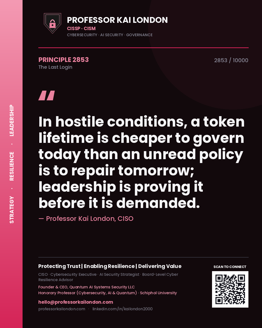 Professor Kai London principle 2853: In hostile conditions, a token lifetime is cheaper to govern today than an unread policy is to repair tomorrow; leadership is proving it before it is demanded.