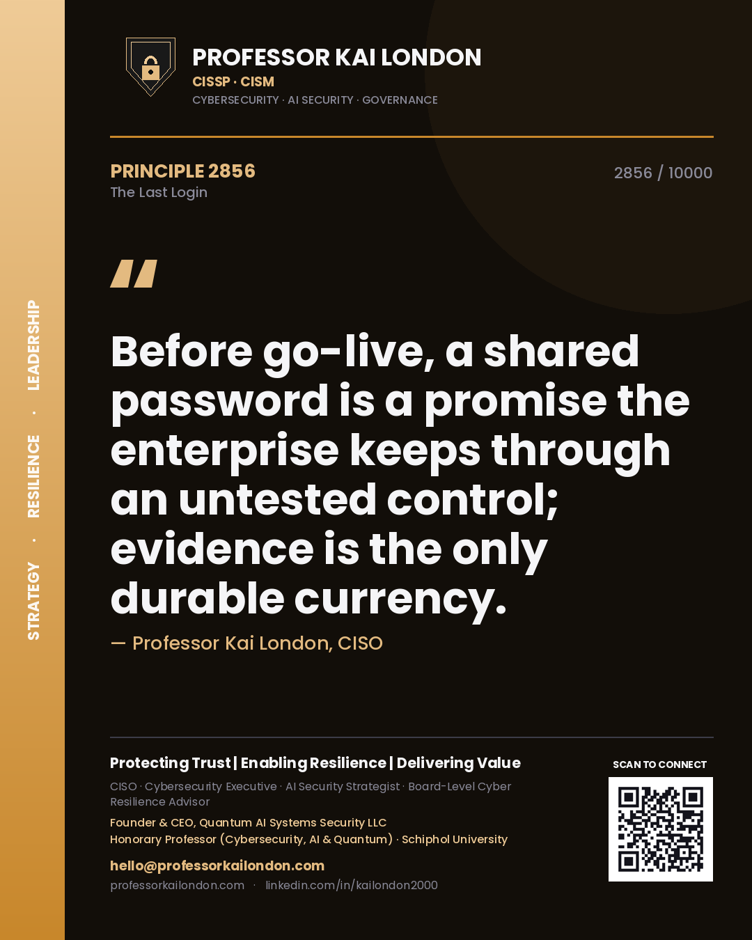 Professor Kai London principle 2856: Before go-live, a shared password is a promise the enterprise keeps through an untested control; evidence is the only durable currency.