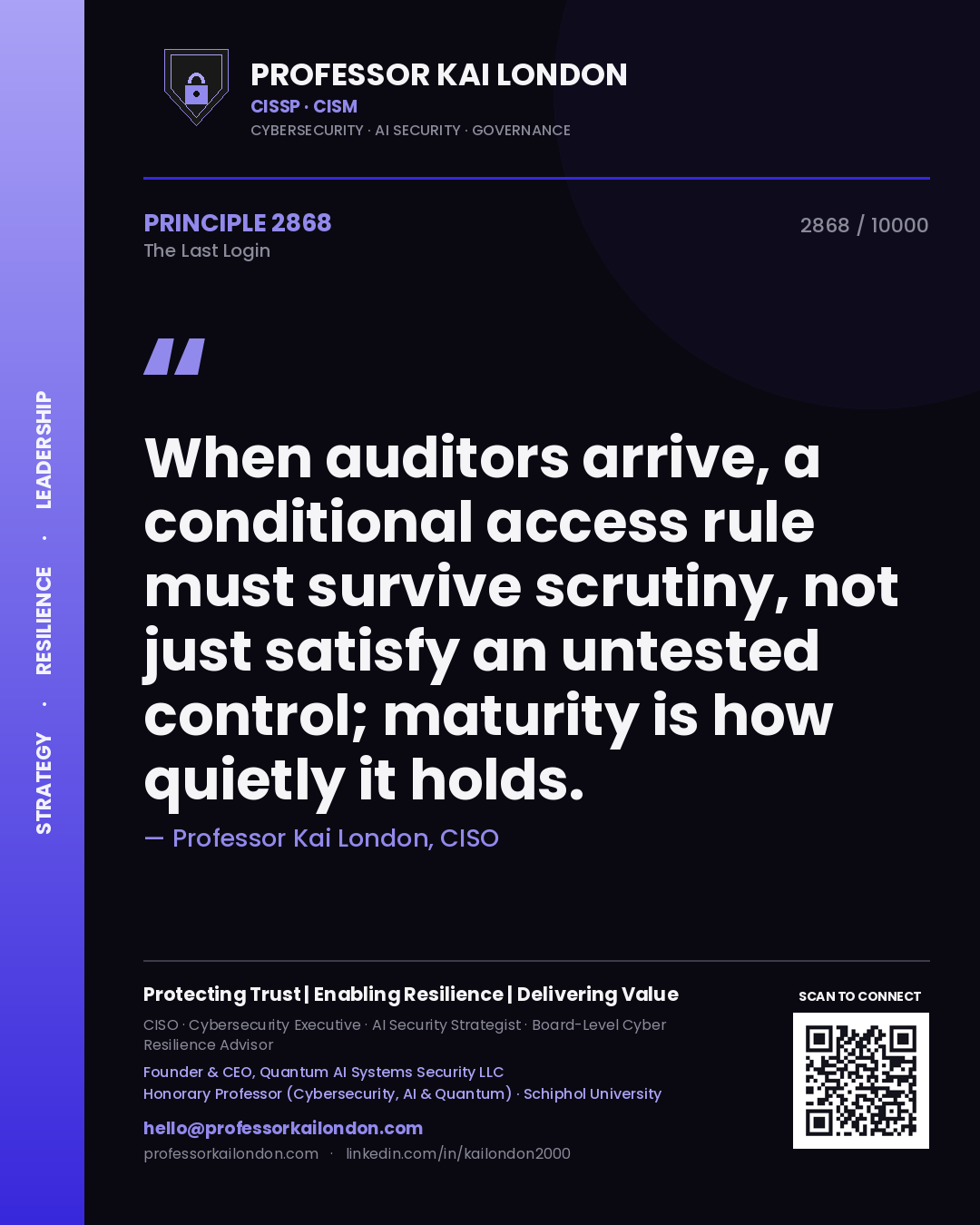 Professor Kai London principle 2868: When auditors arrive, a conditional access rule must survive scrutiny, not just satisfy an untested control; maturity is how quietly it holds.