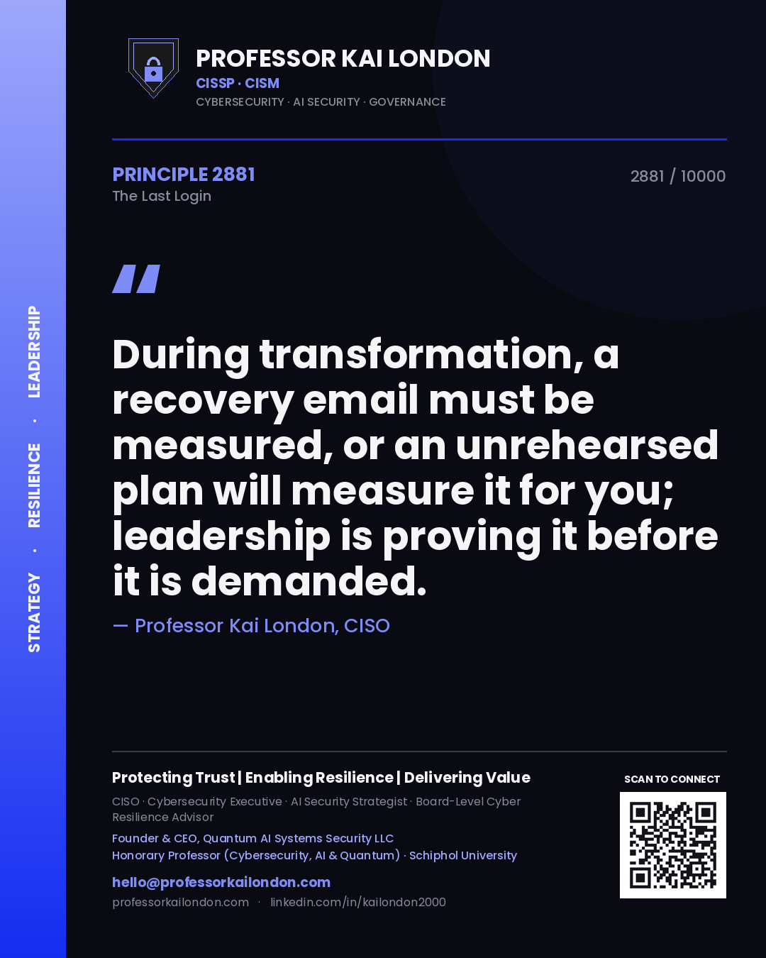 Professor Kai London principle 2881: During transformation, a recovery email must be measured, or an unrehearsed plan will measure it for you; leadership is proving it before it is demanded.