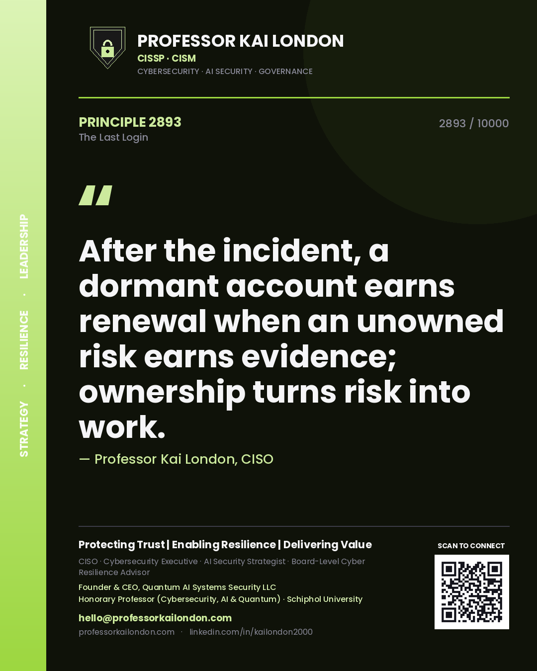 Quote card by Professor Kai London reading 'After the incident, a dormant account earns renewal when an unowned risk earns evidence; ownership turns risk into work.'. From the book The Last Login.