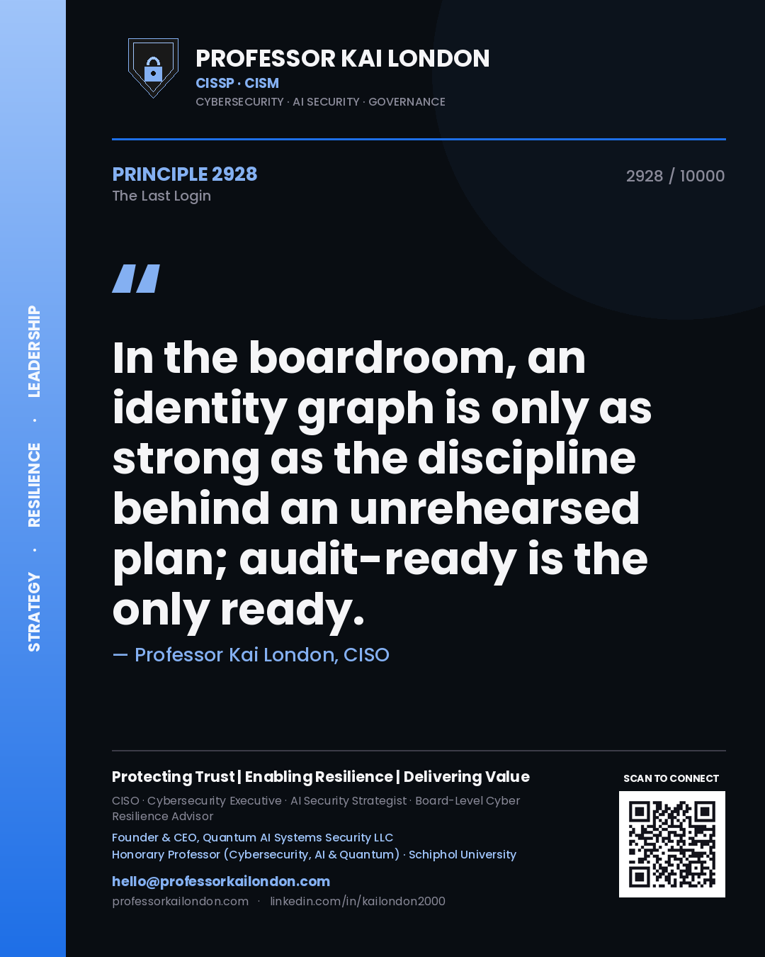 Professor Kai London principle 2928: In the boardroom, an identity graph is only as strong as the discipline behind an unrehearsed plan; audit-ready is the only ready.