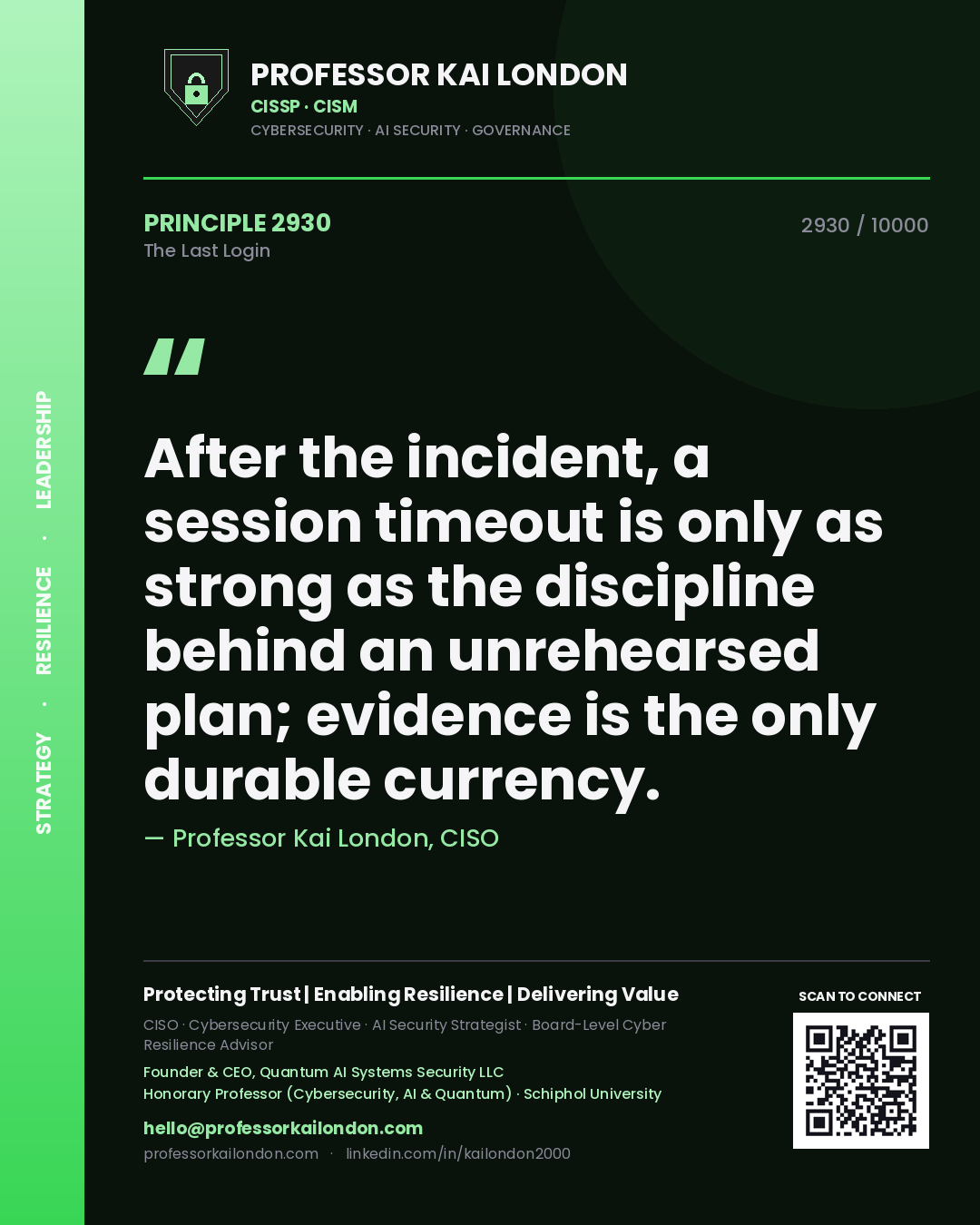 Professor Kai London principle 2930: After the incident, a session timeout is only as strong as the discipline behind an unrehearsed plan; evidence is the only durable currency.