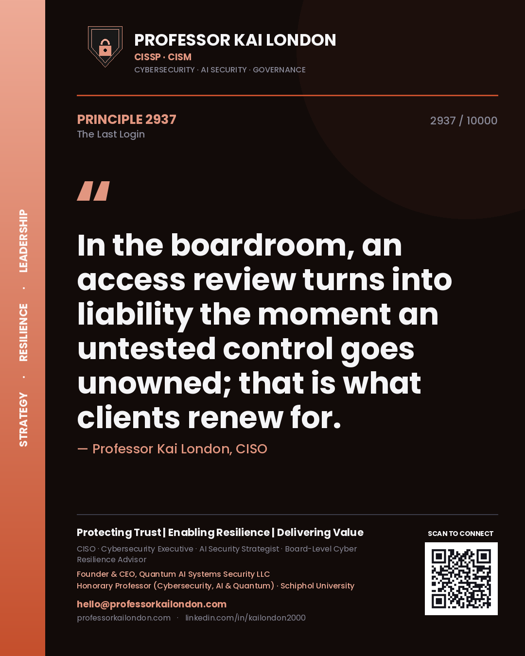 Quote card by Professor Kai London reading 'In the boardroom, an access review turns into liability the moment an untested control goes unowned; that is what clients renew for.'. From the book The Last Login.