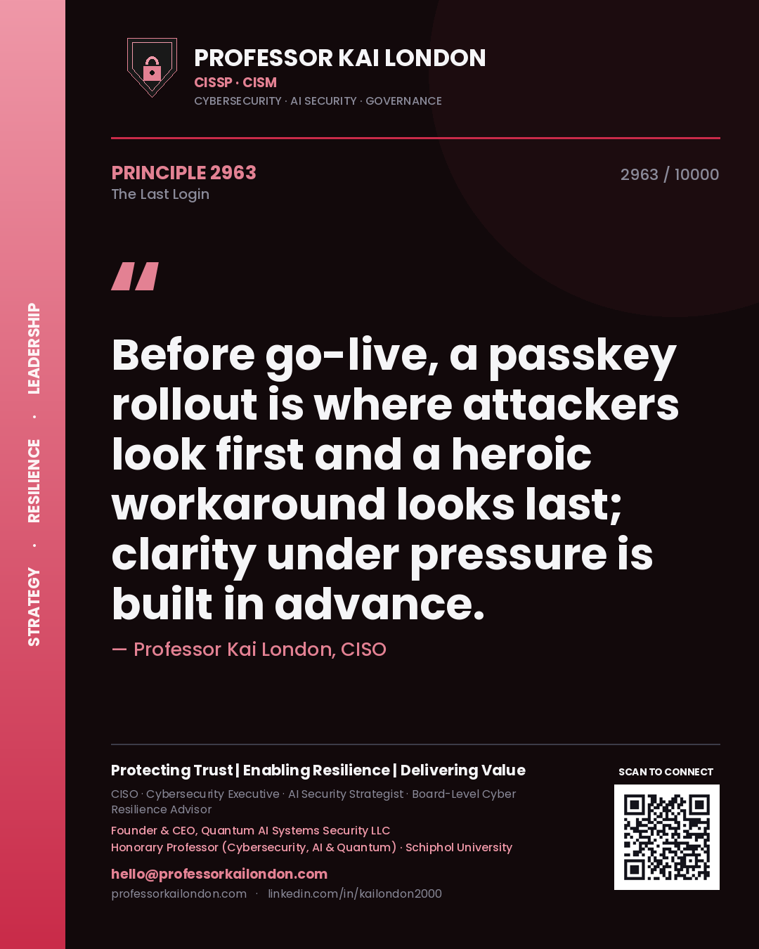 Quote card by Professor Kai London reading 'Before go-live, a passkey rollout is where attackers look first and a heroic workaround looks last; clarity under pressure is built in advance.'. From the book The Last Login.