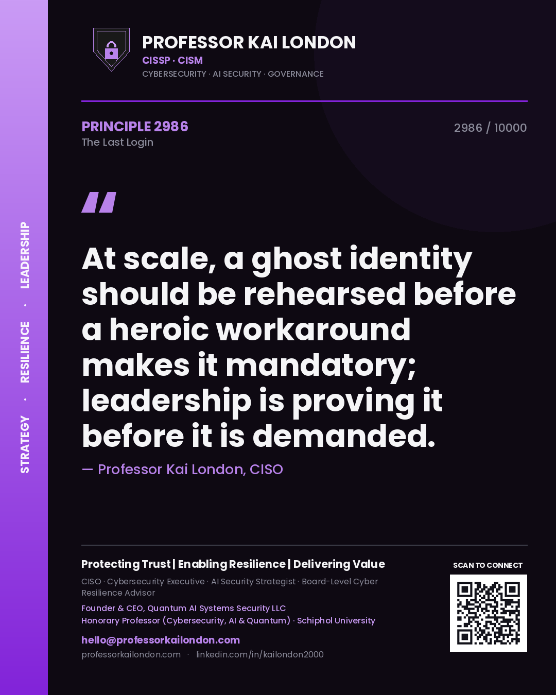 Professor Kai London principle 2986: At scale, a ghost identity should be rehearsed before a heroic workaround makes it mandatory; leadership is proving it before it is demanded.