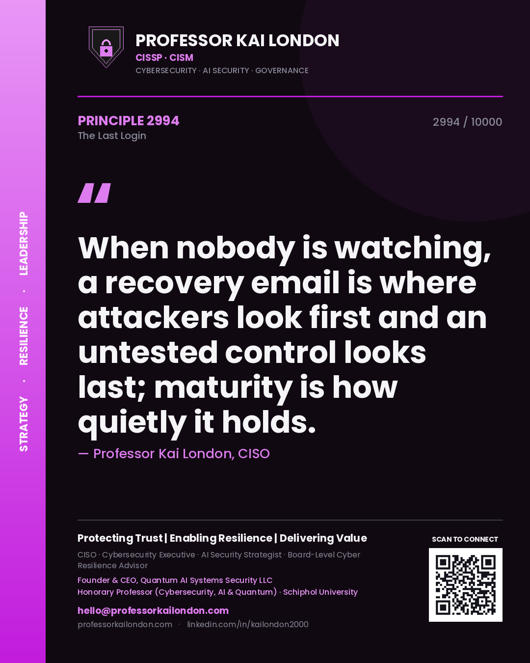 Professor Kai London principle 2994: When nobody is watching, a recovery email is where attackers look first and an untested control looks last; maturity is how quietly it holds.