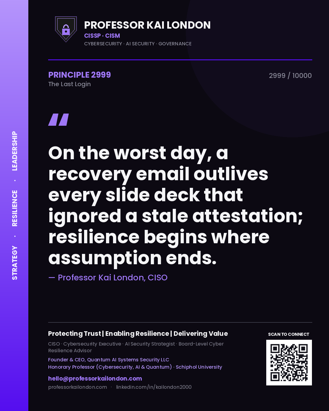 Quote card by Professor Kai London reading 'On the worst day, a recovery email outlives every slide deck that ignored a stale attestation; resilience begins where assumption ends.'. From the book The Last Login.