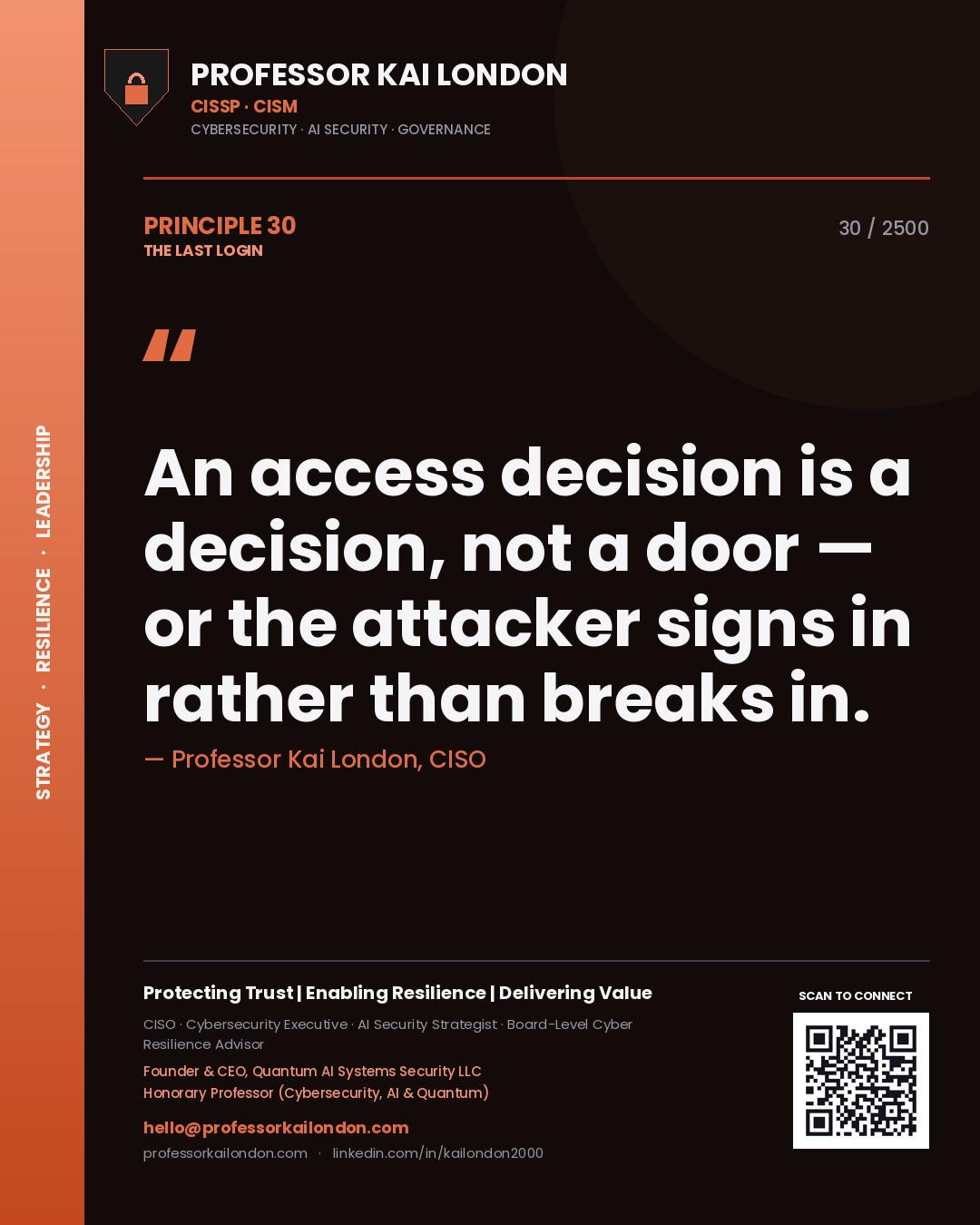 Quote card by Professor Kai London reading 'An access decision is a decision, not a door — or the attacker signs in rather than breaks in.'. From the book The Last Login.
