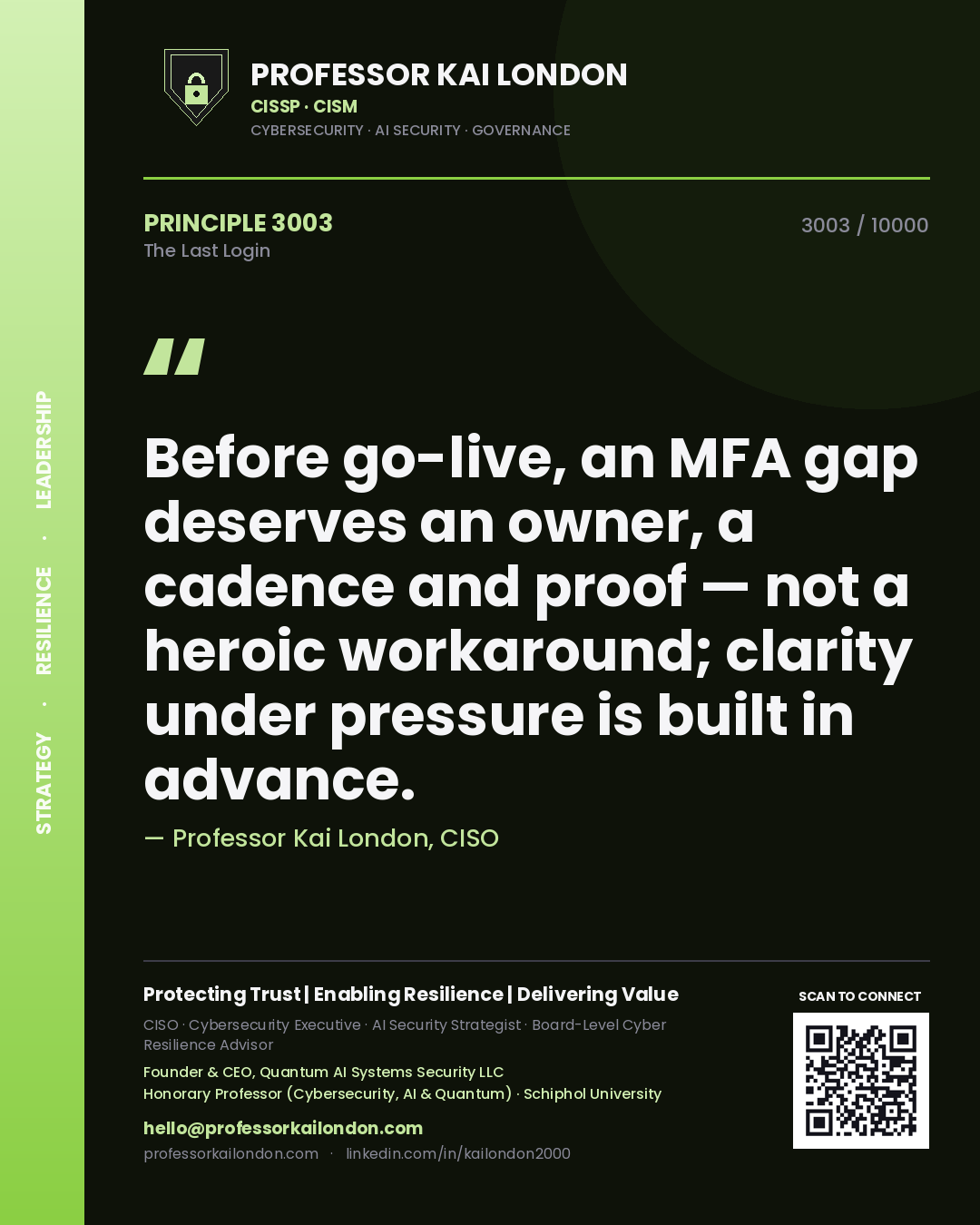 Professor Kai London principle 3003: Before go-live, an MFA gap deserves an owner, a cadence and proof — not a heroic workaround; clarity under pressure is built in advance.