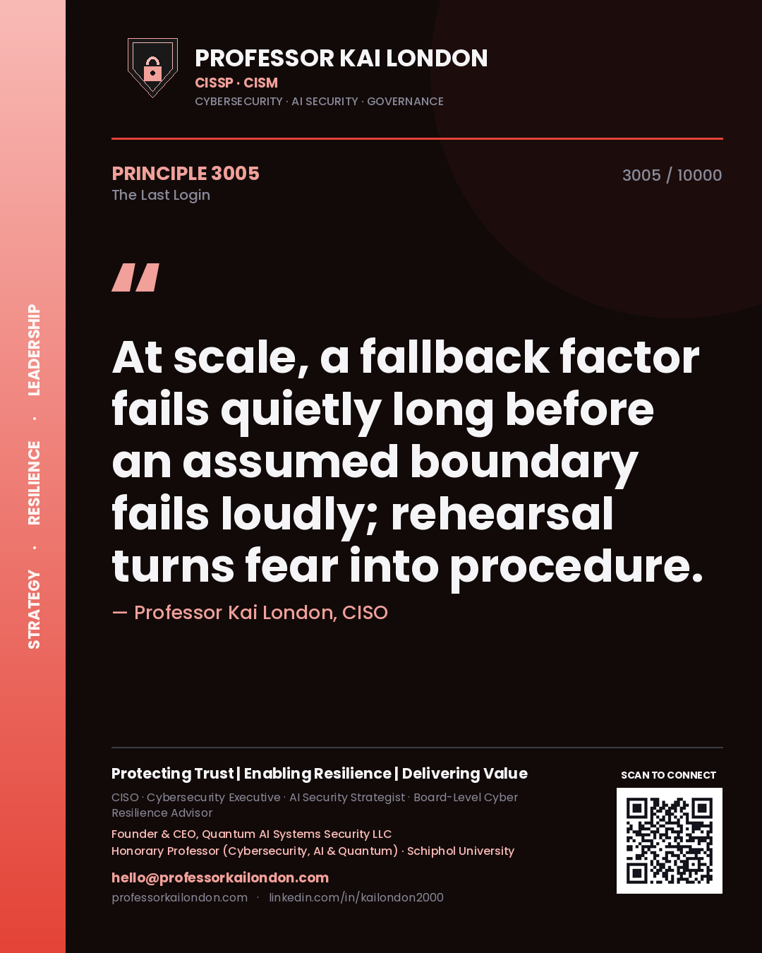 Professor Kai London principle 3005: At scale, a fallback factor fails quietly long before an assumed boundary fails loudly; rehearsal turns fear into procedure.