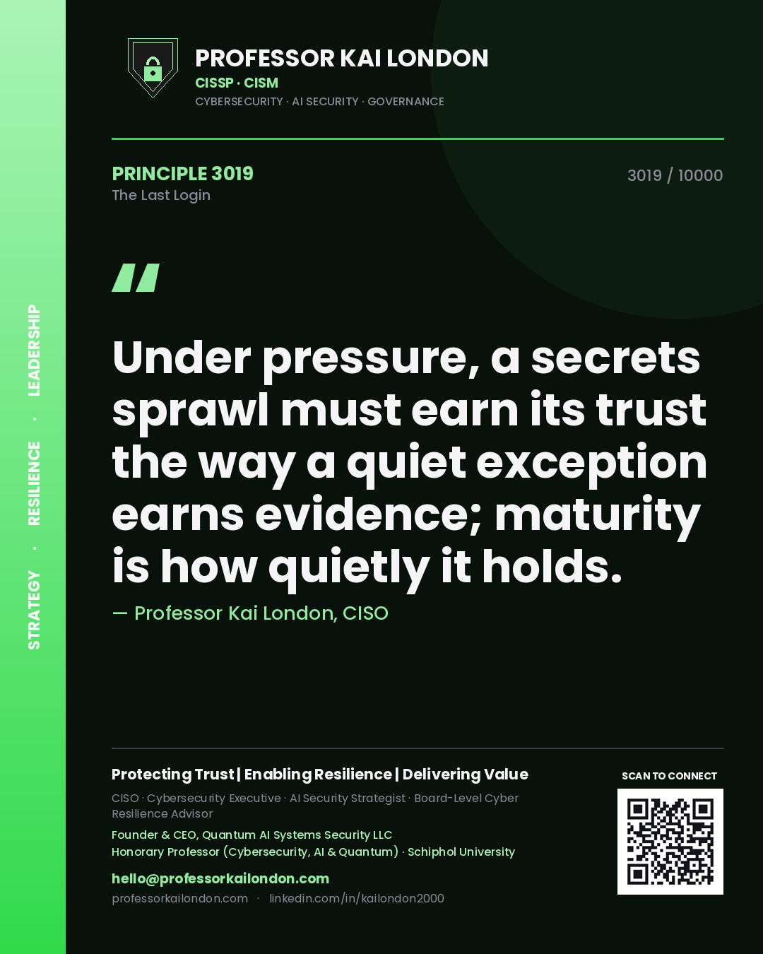 Professor Kai London principle 3019: Under pressure, a secrets sprawl must earn its trust the way a quiet exception earns evidence; maturity is how quietly it holds.