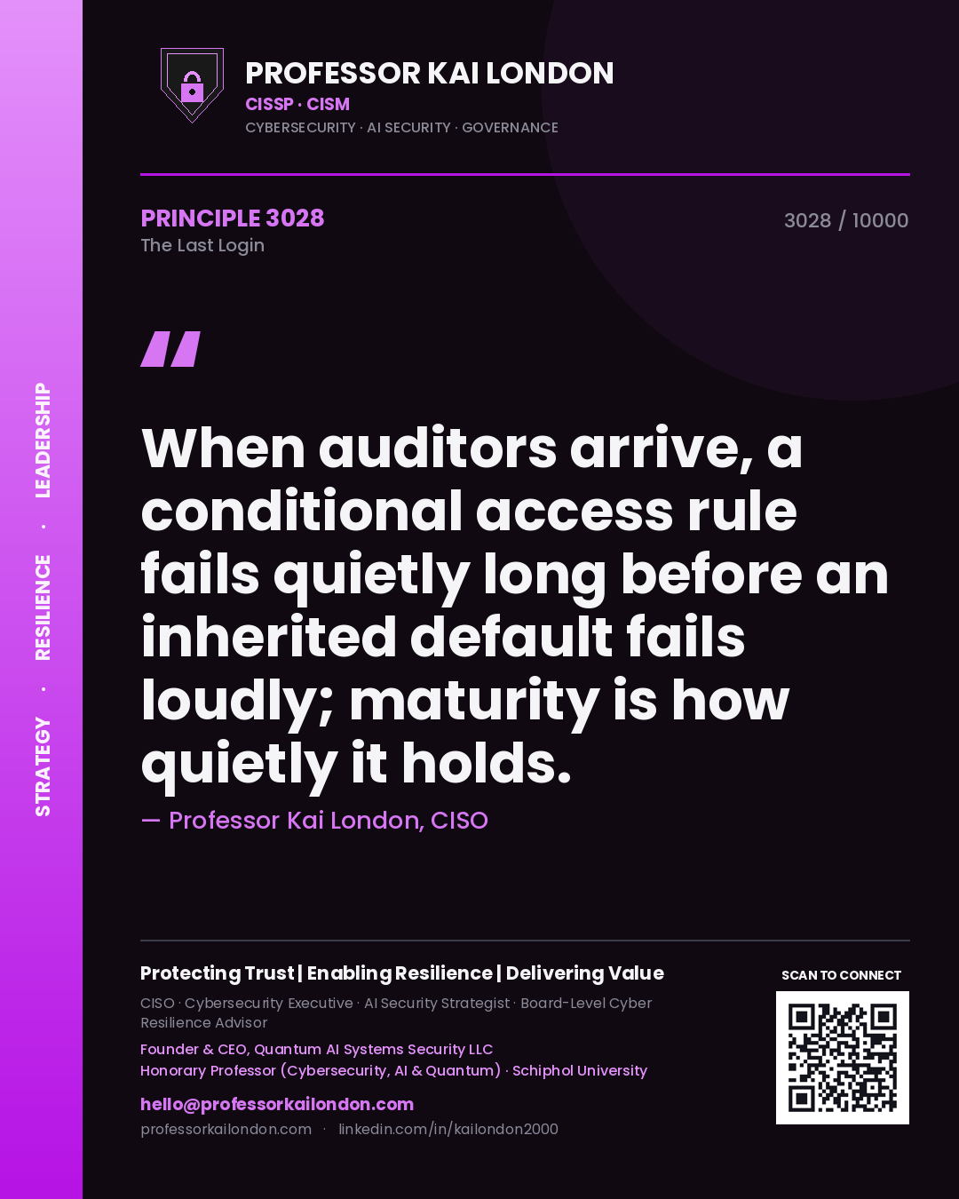 Quote card by Professor Kai London reading 'When auditors arrive, a conditional access rule fails quietly long before an inherited default fails loudly; maturity is how quietly it holds.'. From the book The Last Login.
