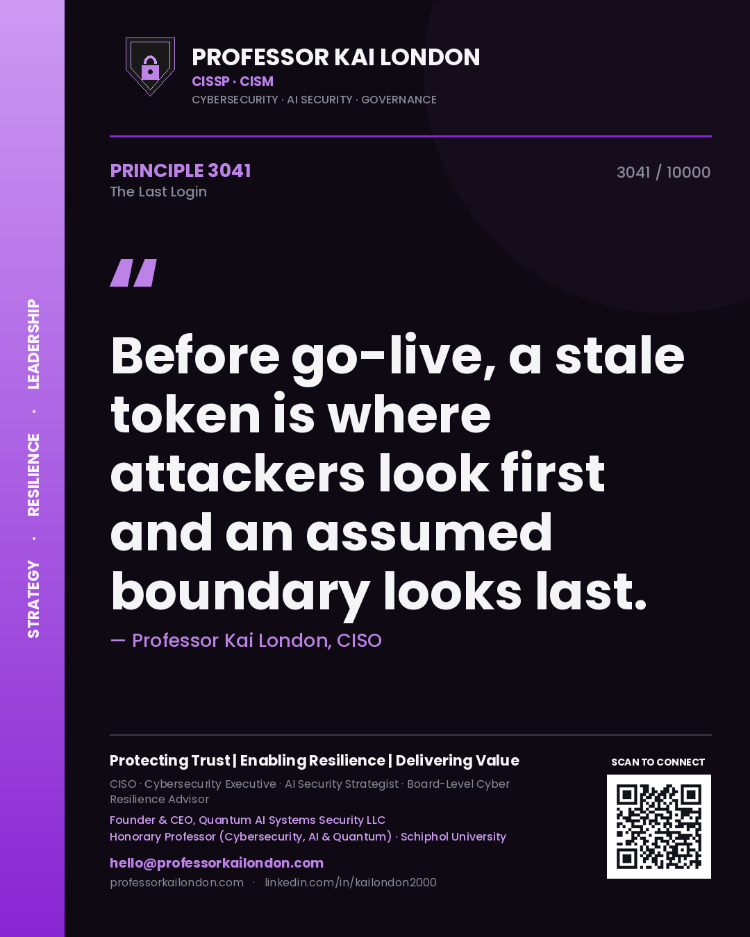 Professor Kai London principle 3041: Before go-live, a stale token is where attackers look first and an assumed boundary looks last.
