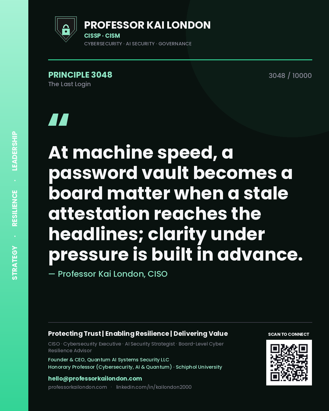Quote card by Professor Kai London reading 'At machine speed, a password vault becomes a board matter when a stale attestation reaches the headlines; clarity under pressure is built in advance.'. From the book The Last Login.