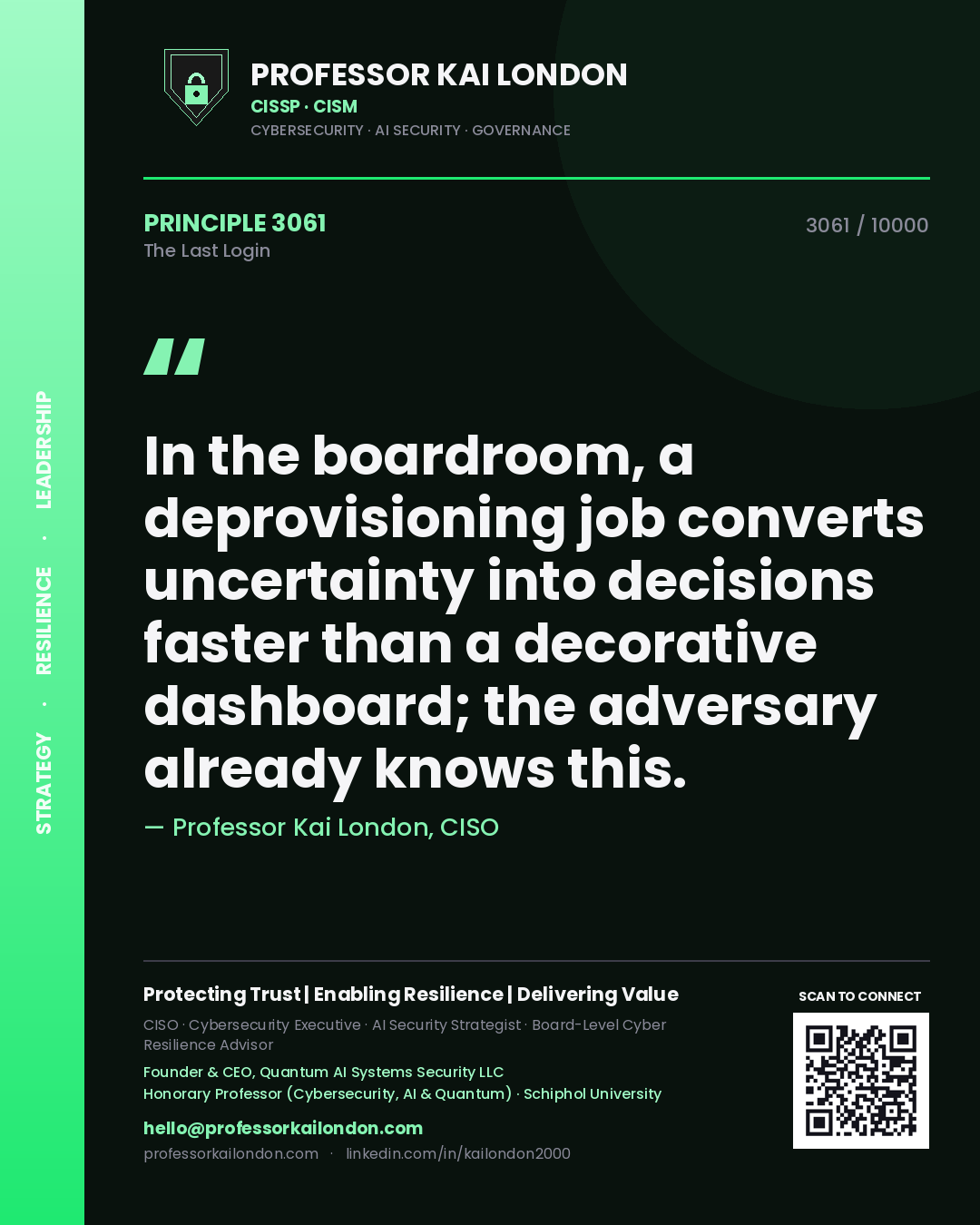 Professor Kai London principle 3061: In the boardroom, a deprovisioning job converts uncertainty into decisions faster than a decorative dashboard; the adversary already knows this.