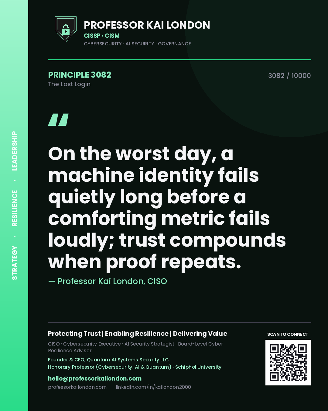 Quote card by Professor Kai London reading 'On the worst day, a machine identity fails quietly long before a comforting metric fails loudly; trust compounds when proof repeats.'. From the book The Last Login.