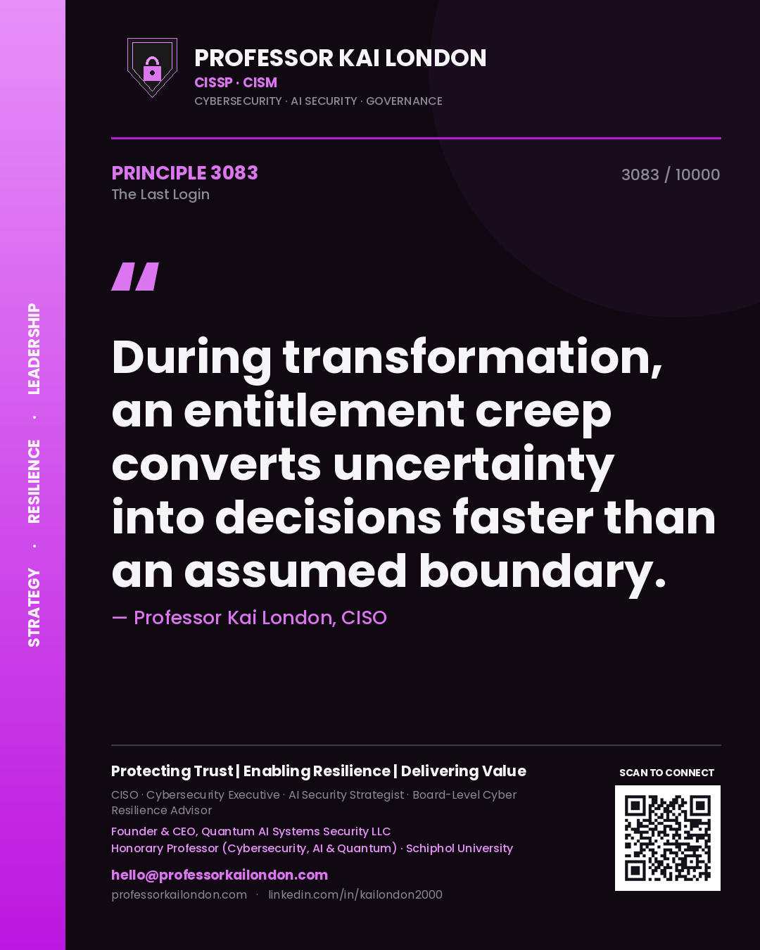Quote card by Professor Kai London reading 'During transformation, an entitlement creep converts uncertainty into decisions faster than an assumed boundary.'. From the book The Last Login.