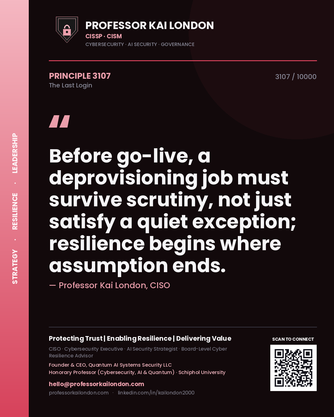Professor Kai London principle 3107: Before go-live, a deprovisioning job must survive scrutiny, not just satisfy a quiet exception; resilience begins where assumption ends.