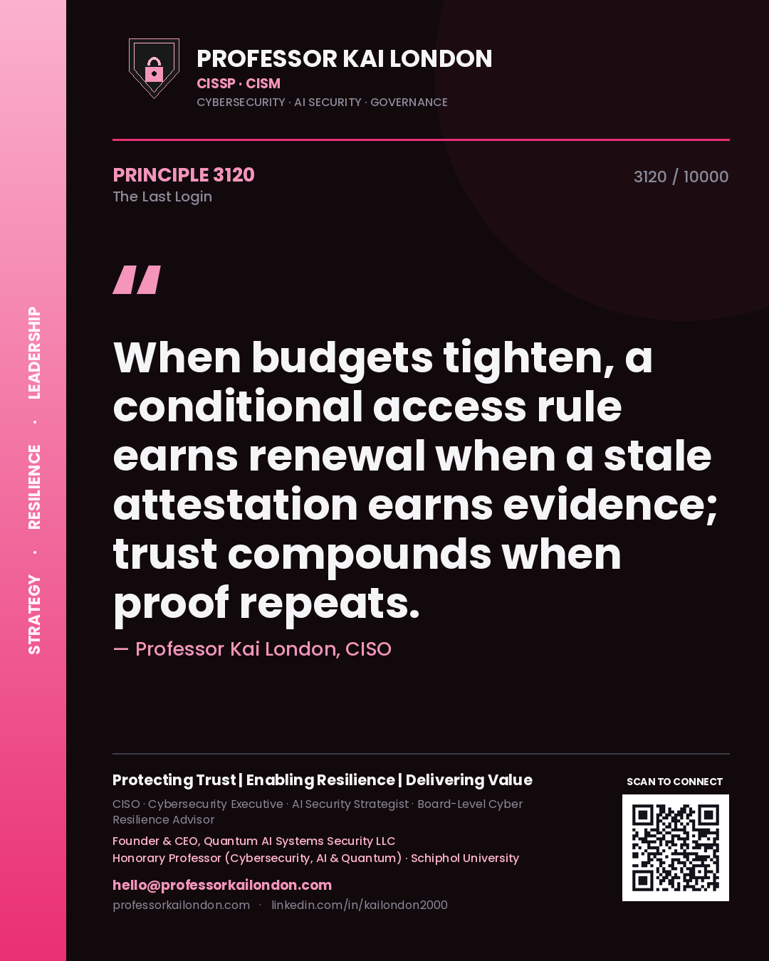 Quote card by Professor Kai London reading 'When budgets tighten, a conditional access rule earns renewal when a stale attestation earns evidence; trust compounds when proof repeats.'. From the book The Last Login.