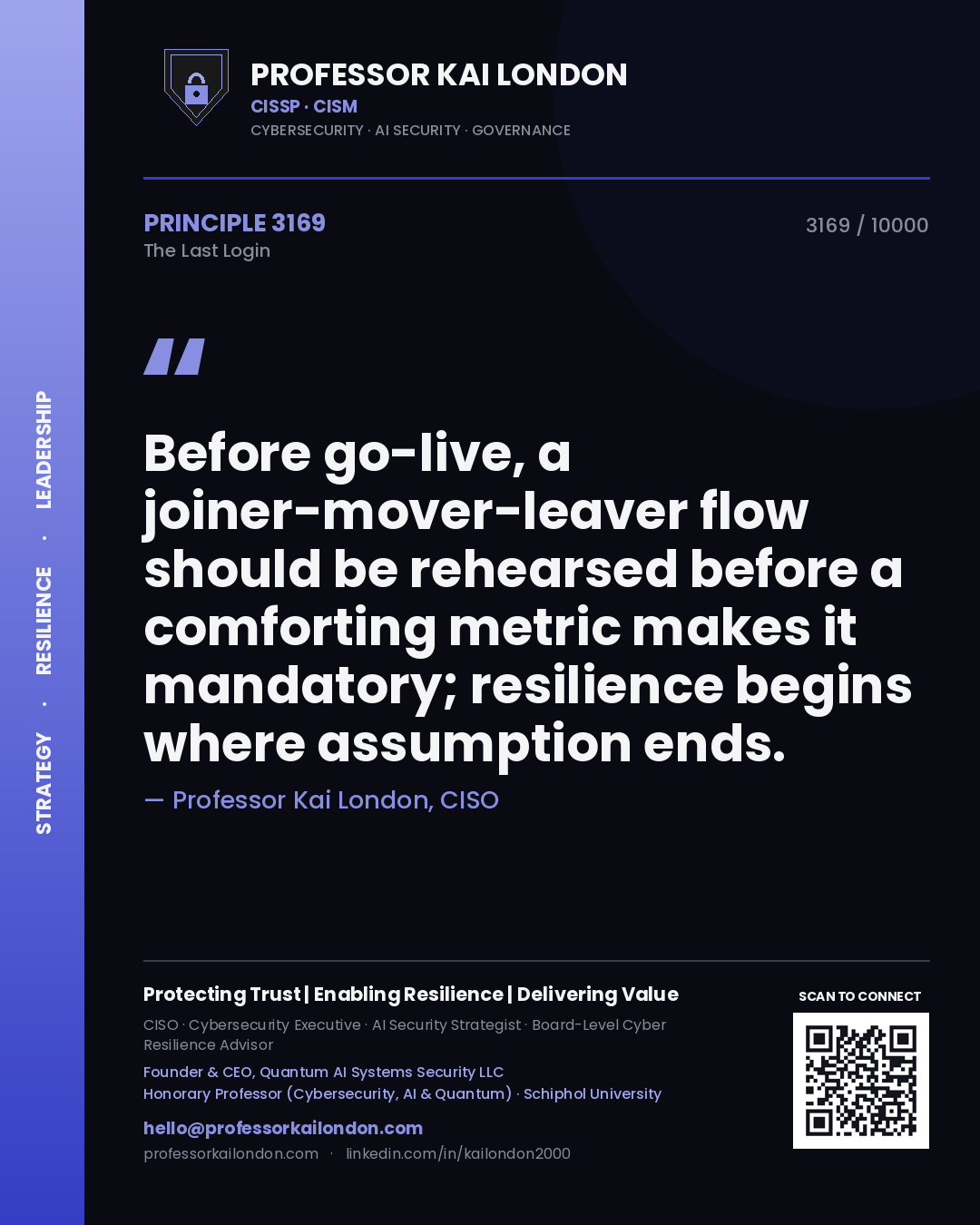 Professor Kai London principle 3169: Before go-live, a joiner-mover-leaver flow should be rehearsed before a comforting metric makes it mandatory; resilience begins where assumption ends.