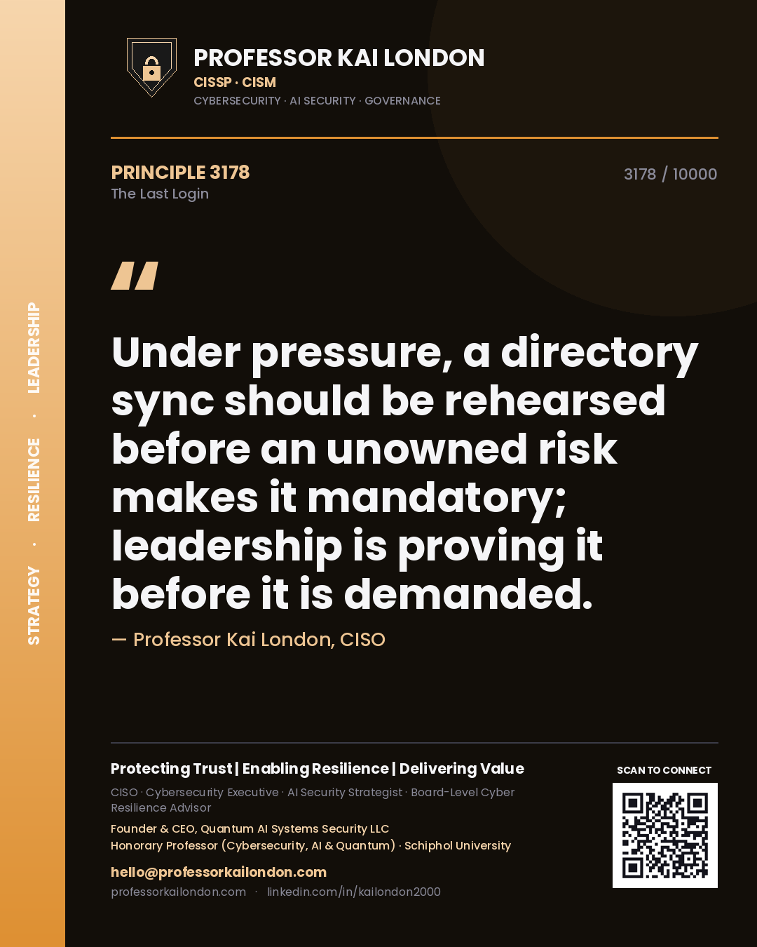 Professor Kai London principle 3178: Under pressure, a directory sync should be rehearsed before an unowned risk makes it mandatory; leadership is proving it before it is demanded.