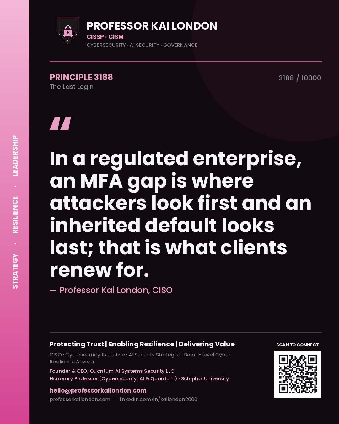Quote card by Professor Kai London reading 'In a regulated enterprise, an MFA gap is where attackers look first and an inherited default looks last; that is what clients renew for.'. From the book The Last Login.