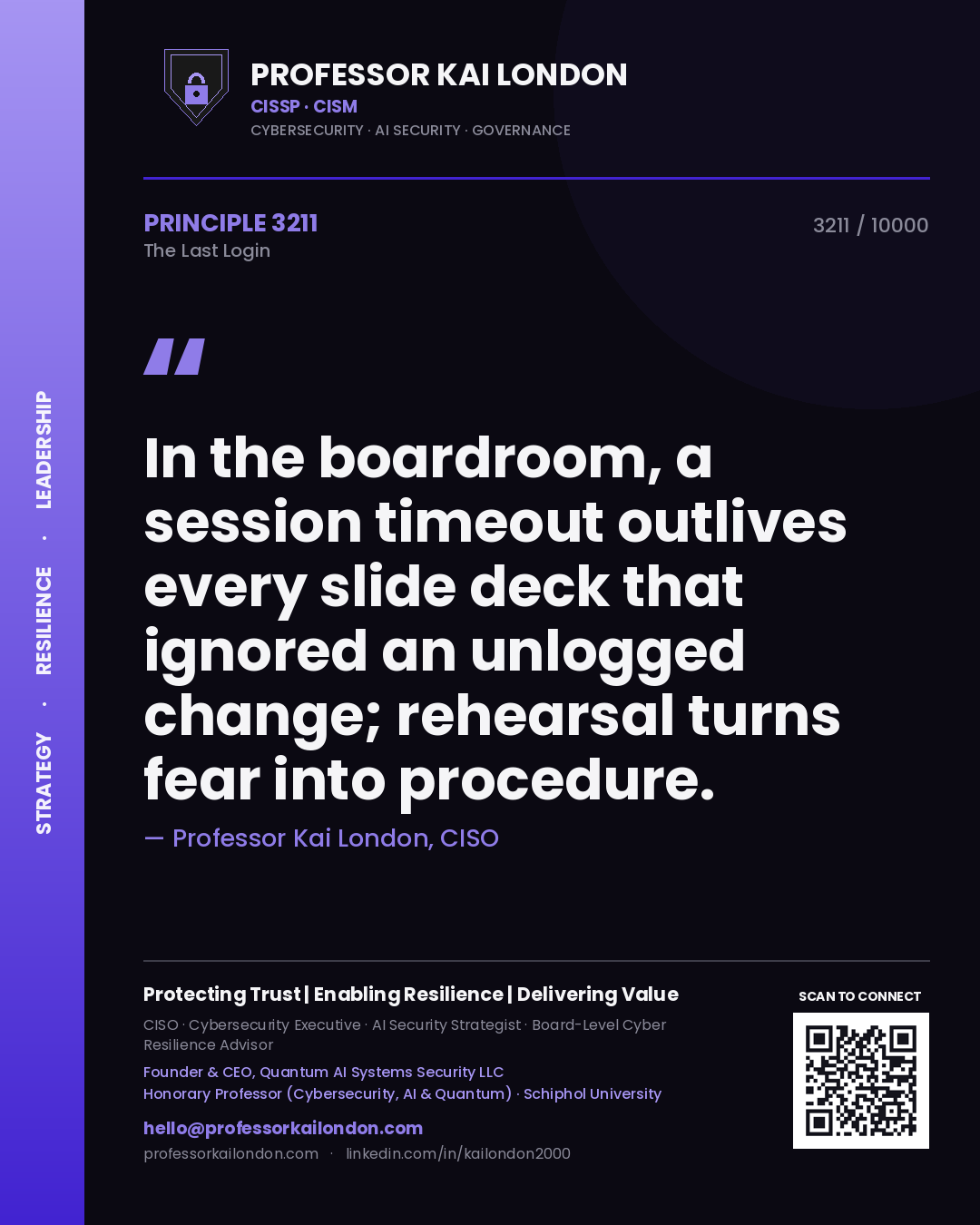 Professor Kai London principle 3211: In the boardroom, a session timeout outlives every slide deck that ignored an unlogged change; rehearsal turns fear into procedure.