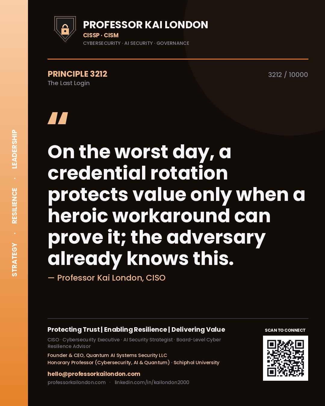 Quote card by Professor Kai London reading 'On the worst day, a credential rotation protects value only when a heroic workaround can prove it; the adversary already knows this.'. From the book The Last Login.