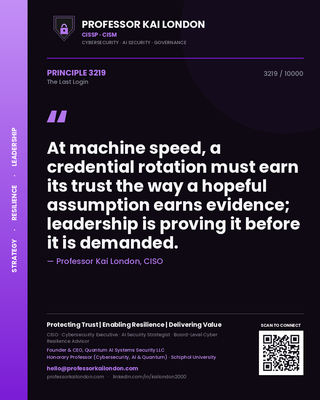 Professor Kai London principle 3219: At machine speed, a credential rotation must earn its trust the way a hopeful assumption earns evidence; leadership is proving it before it is demanded.