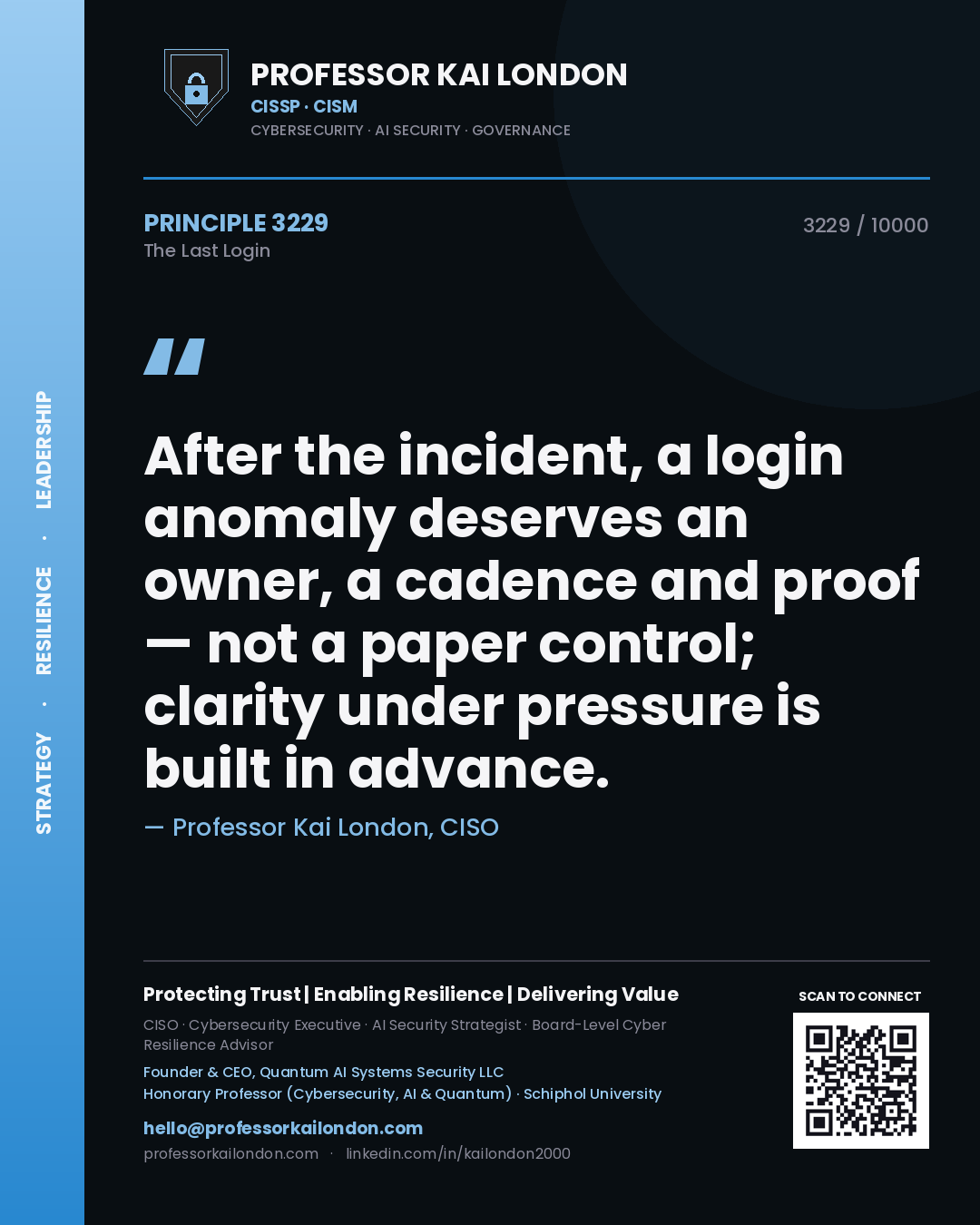 Quote card by Professor Kai London reading 'After the incident, a login anomaly deserves an owner, a cadence and proof — not a paper control; clarity under pressure is built in advance.'. From the book The Last Login.