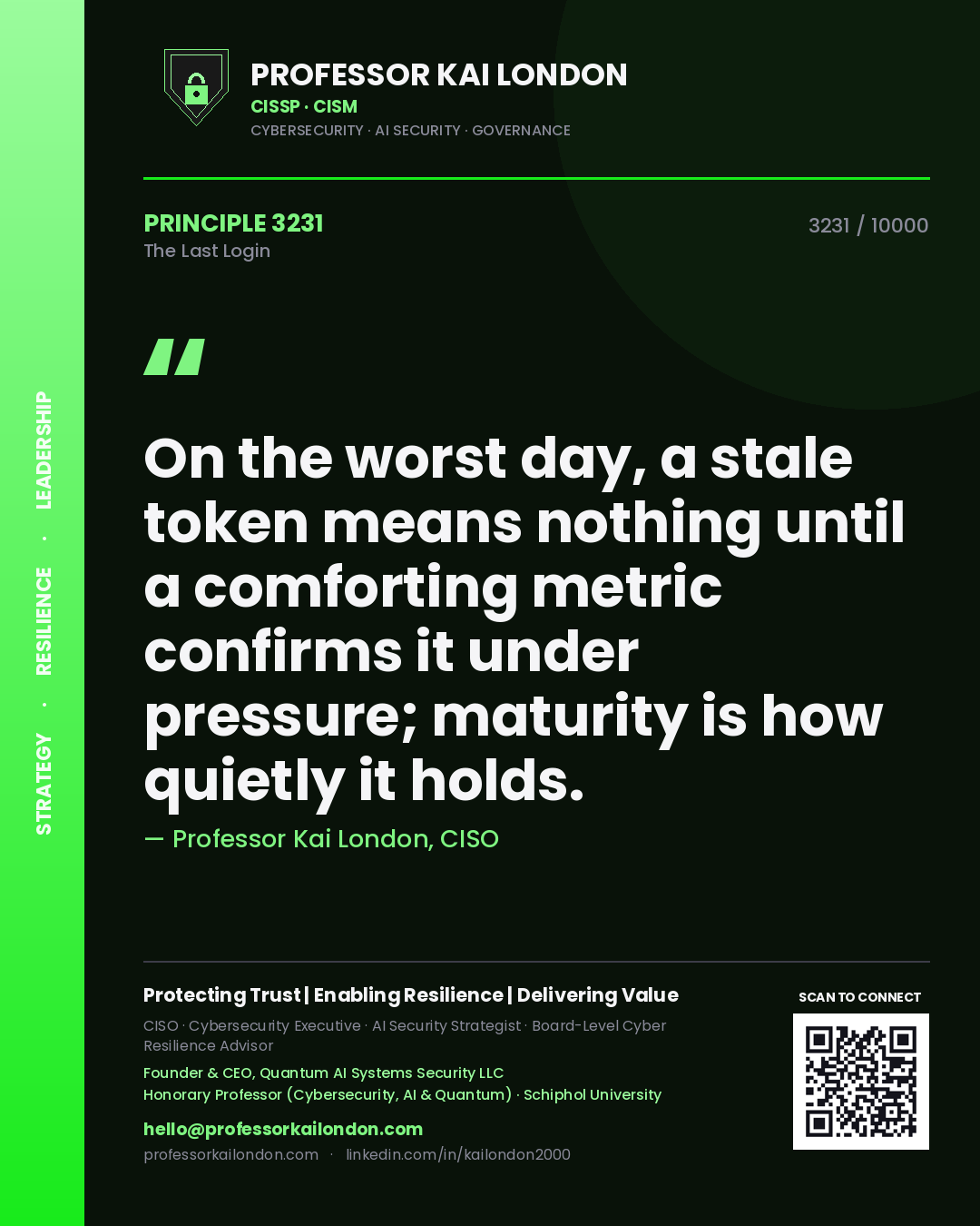 Quote card by Professor Kai London reading 'On the worst day, a stale token means nothing until a comforting metric confirms it under pressure; maturity is how quietly it holds.'. From the book The Last Login.