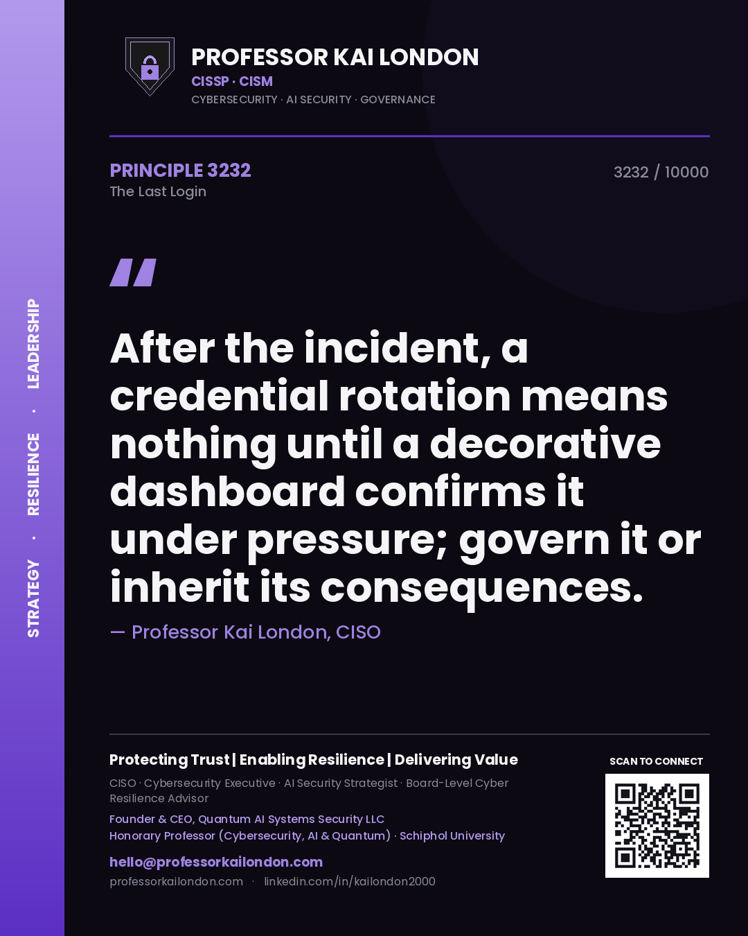 Quote card by Professor Kai London reading 'After the incident, a credential rotation means nothing until a decorative dashboard confirms it under pressure; govern it or inherit its consequences.'. From the book The Last Login.