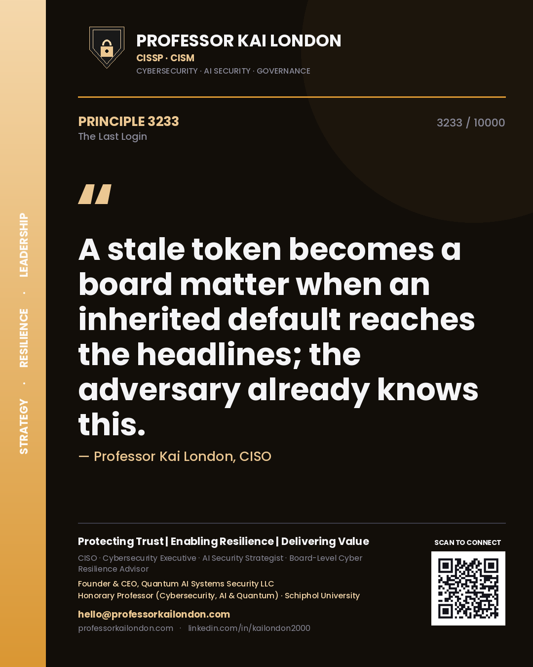 Professor Kai London principle 3233: A stale token becomes a board matter when an inherited default reaches the headlines; the adversary already knows this.