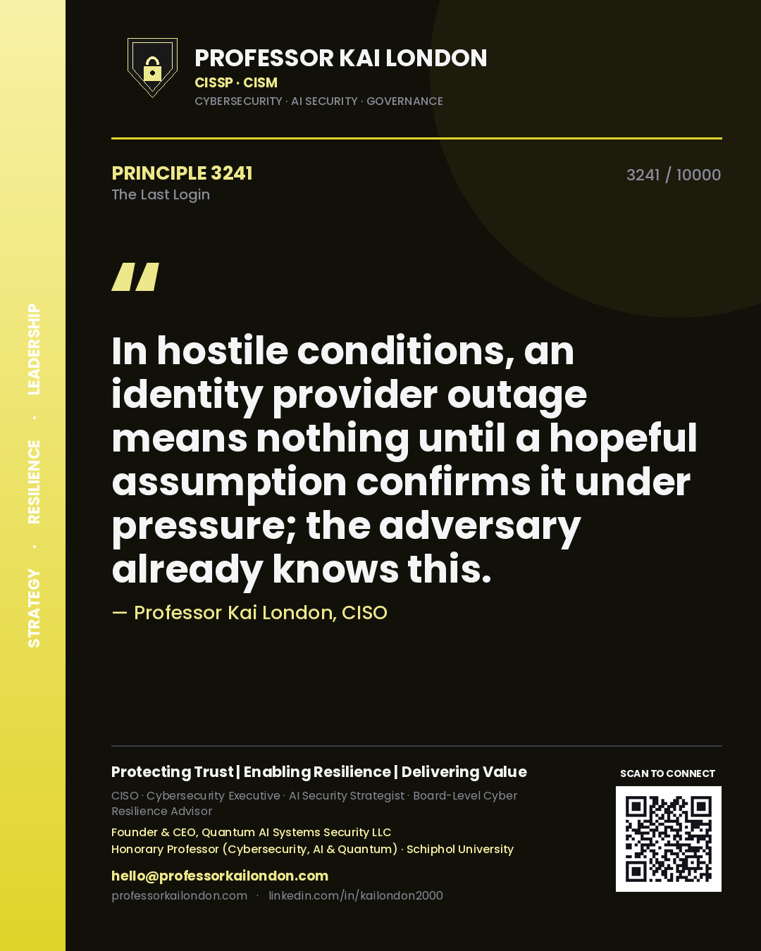 Quote card by Professor Kai London reading 'In hostile conditions, an identity provider outage means nothing until a hopeful assumption confirms it under pressure; the adversary already knows this.'. From the book The Last Login.