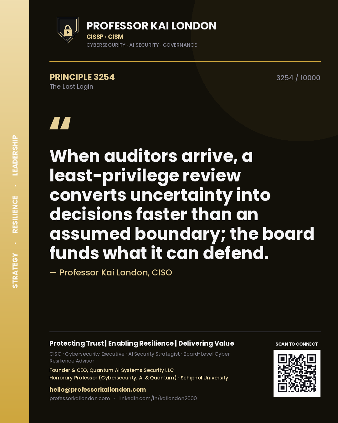 Professor Kai London principle 3254: When auditors arrive, a least-privilege review converts uncertainty into decisions faster than an assumed boundary; the board funds what it can defend.