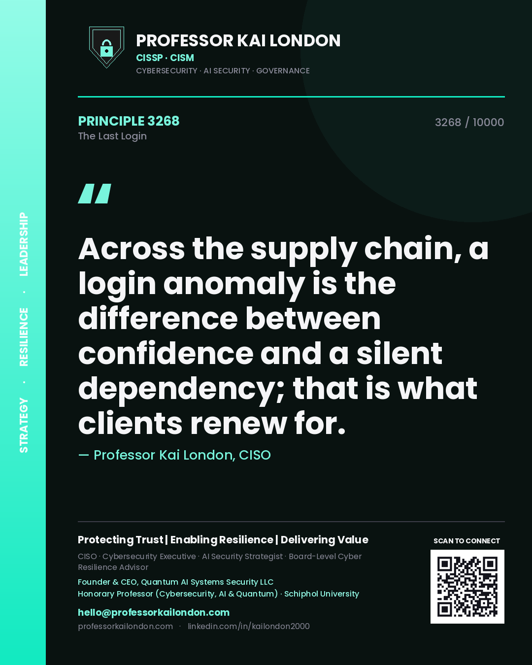 Quote card by Professor Kai London reading 'Across the supply chain, a login anomaly is the difference between confidence and a silent dependency; that is what clients renew for.'. From the book The Last Login.