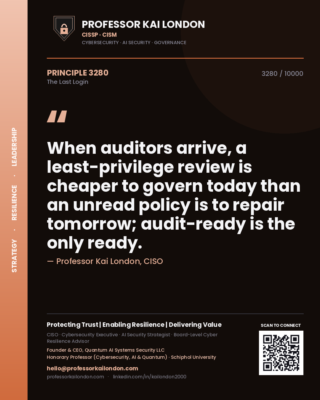Professor Kai London principle 3280: When auditors arrive, a least-privilege review is cheaper to govern today than an unread policy is to repair tomorrow; audit-ready is the only ready.