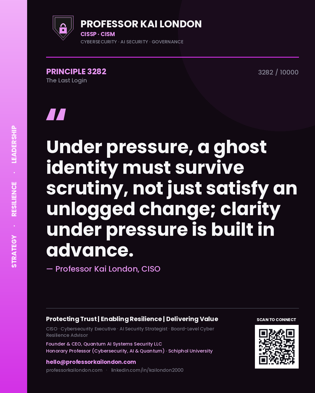 Professor Kai London principle 3282: Under pressure, a ghost identity must survive scrutiny, not just satisfy an unlogged change; clarity under pressure is built in advance.