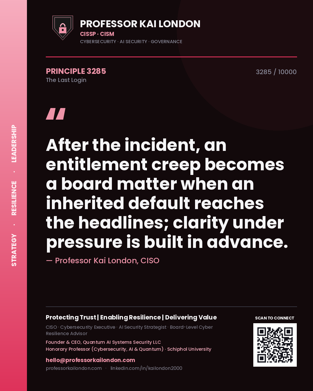 Professor Kai London principle 3285: After the incident, an entitlement creep becomes a board matter when an inherited default reaches the headlines; clarity under pressure is built in advance.